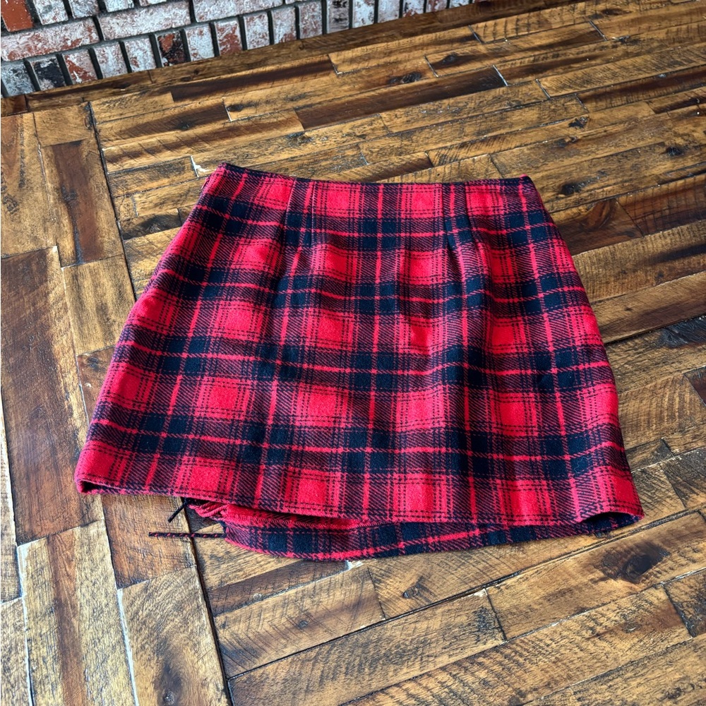 LOFT Red and Black Asymmetrical Wrap Mini Skirt - Picture 6 of 6